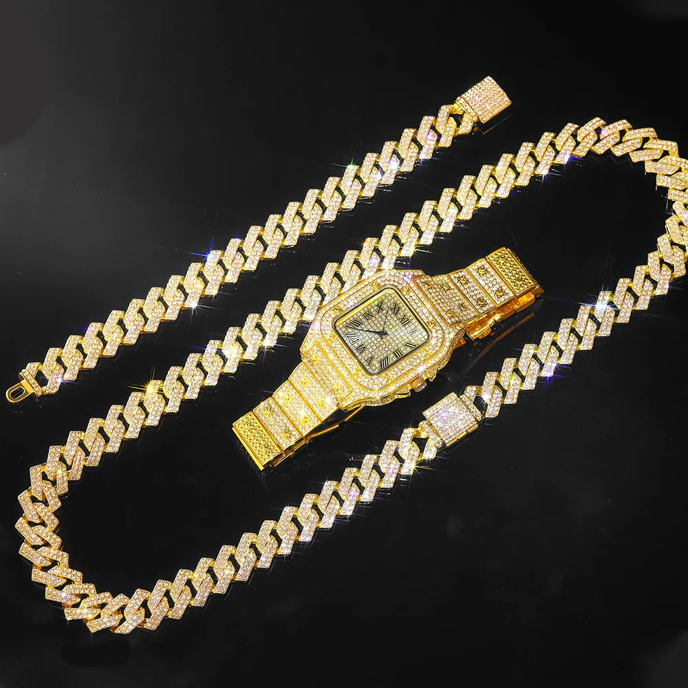 Gold Cuban Chain Watch & Bracelet