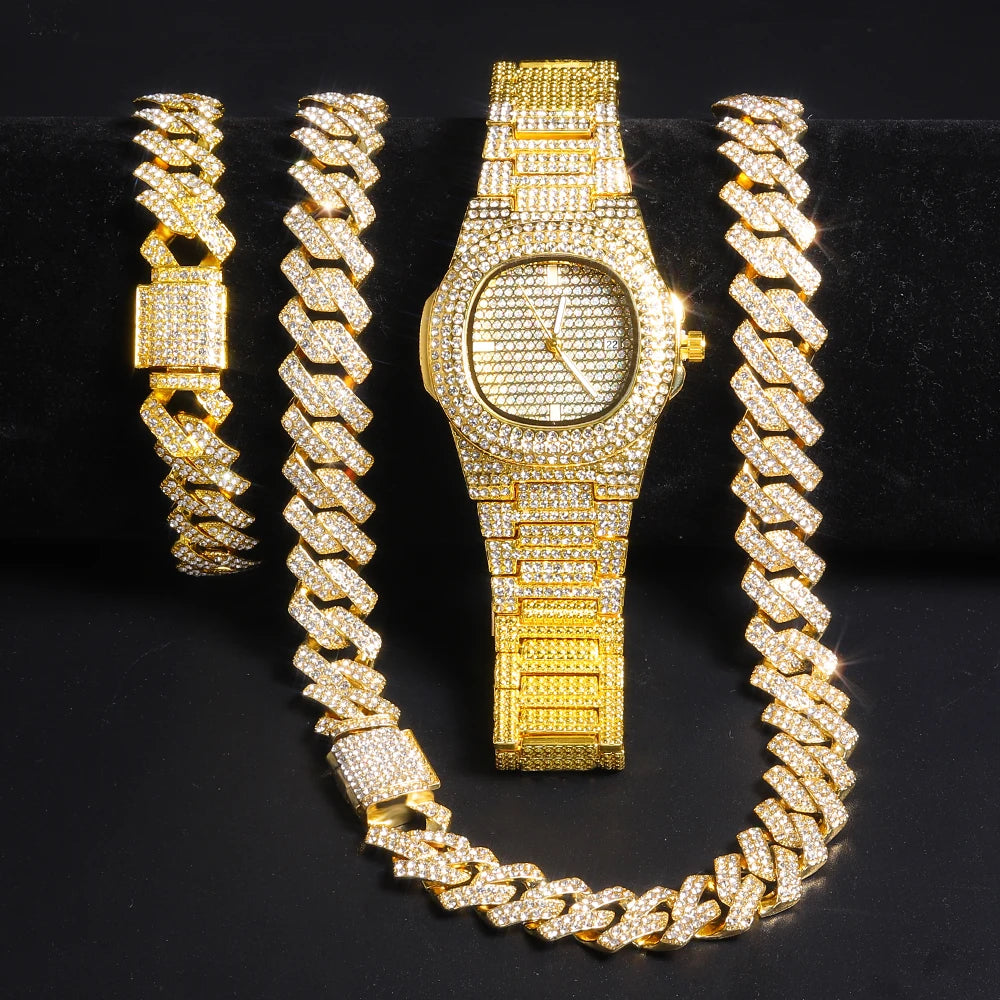 Gold Cuban Chain Watch & Bracelet