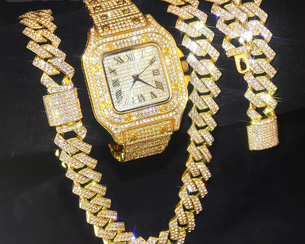 Gold Cuban Chain Watch & Bracelet